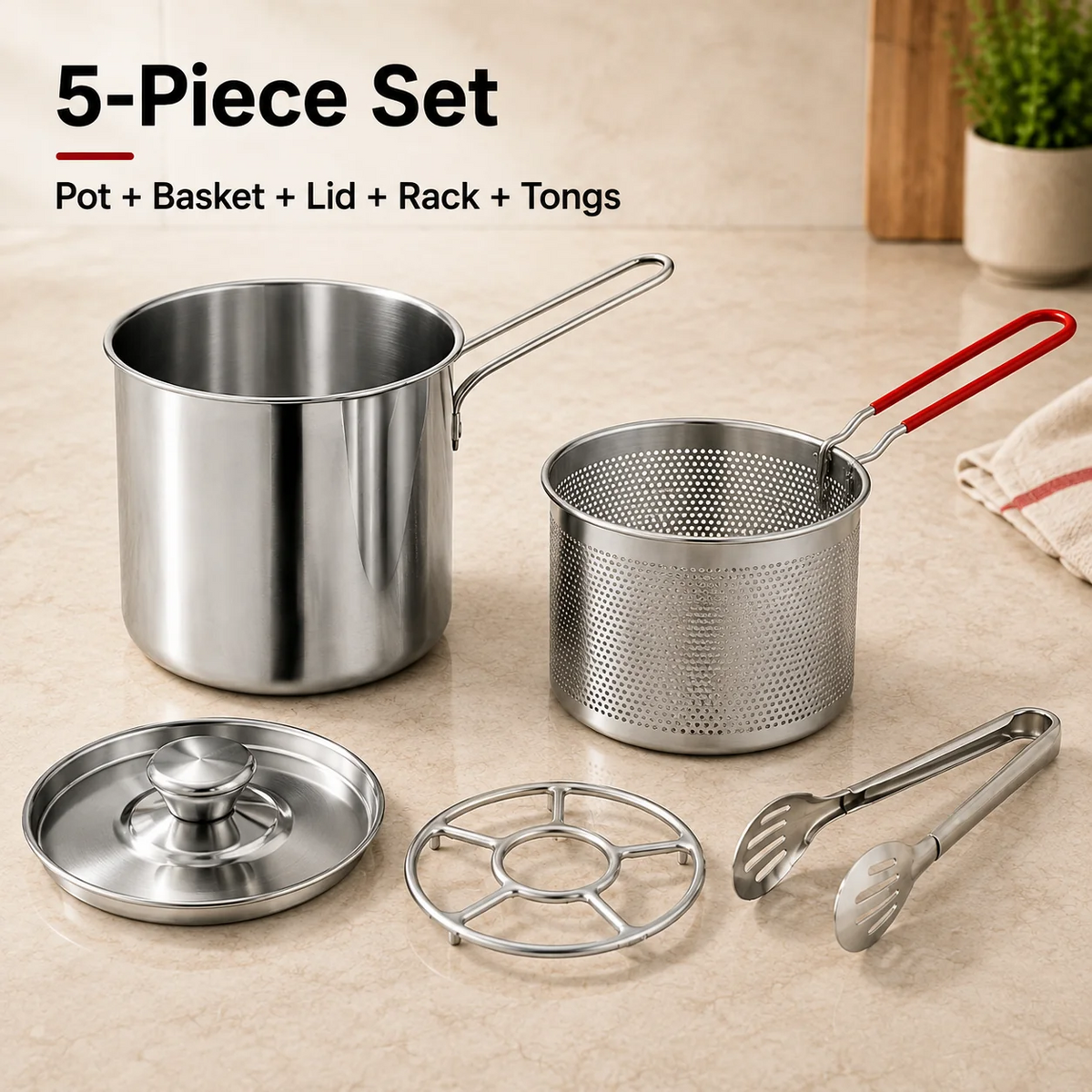 Personal Mini Deep Fryer Set โ Stainless Steel Pot with Lift-Out Draining Basket & Food Tongs